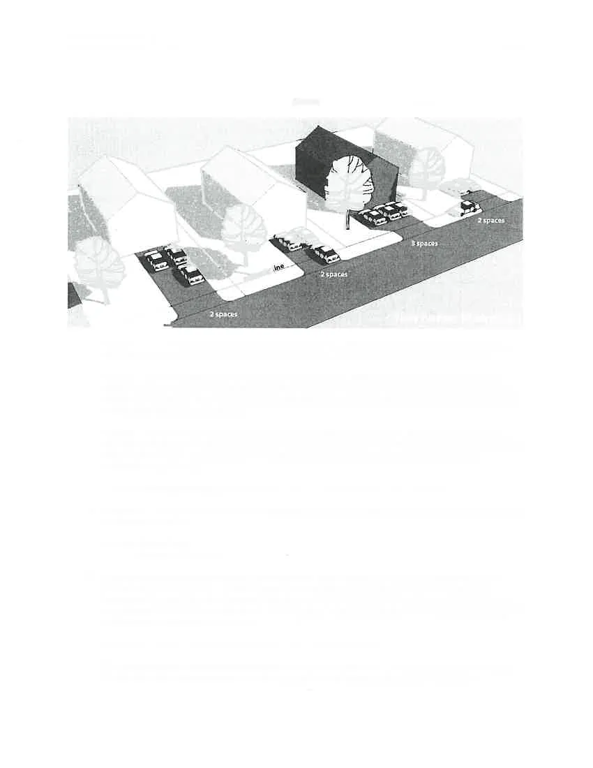 3D architectural rendering showing three houses with designated off-street parking spaces for secondary suites along a property line