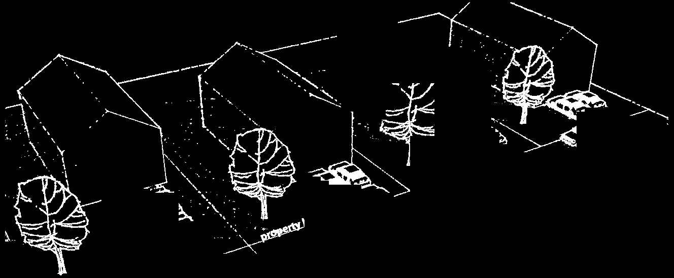 Simplified line drawing of the parking facility rendering showing labeled spaces and the property line