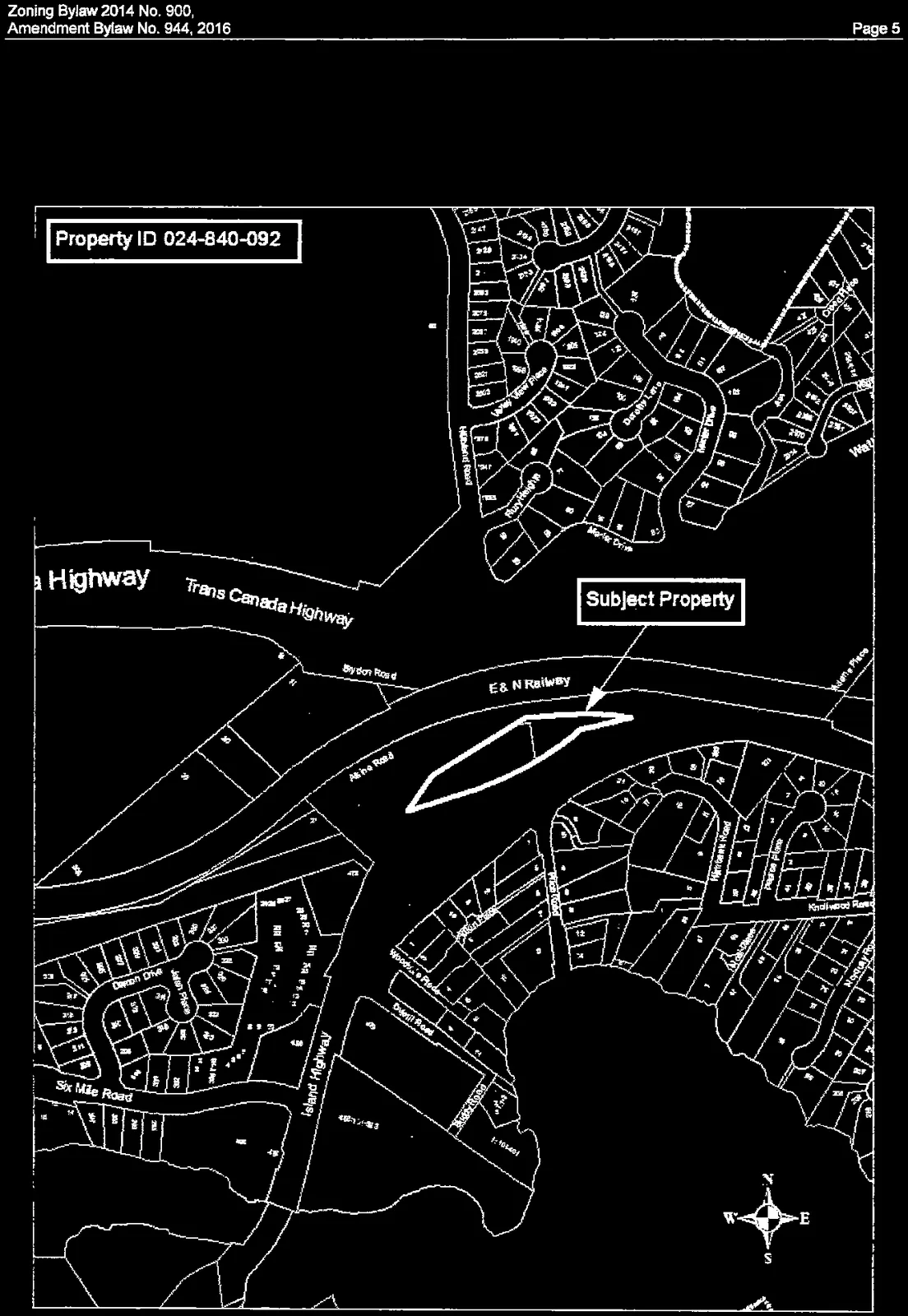 Map showing the Subject Property with ID 024-840-092, located adjacent to the E & N Railway and near the Trans Canada Highway and Island Highway