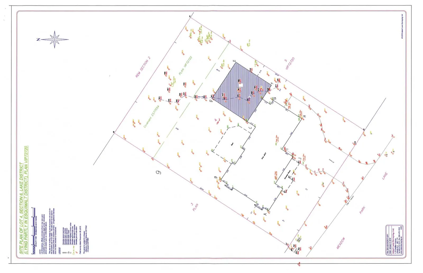 Detailed site plan map showing property boundaries of Lot 4, surrounding parcels (REM Section 2, Plan VIP72722, Lot 9, Lot 3, Lot 5 VIP72720), a building envelope, topographical elevation points, and Meadow Park Lane.
