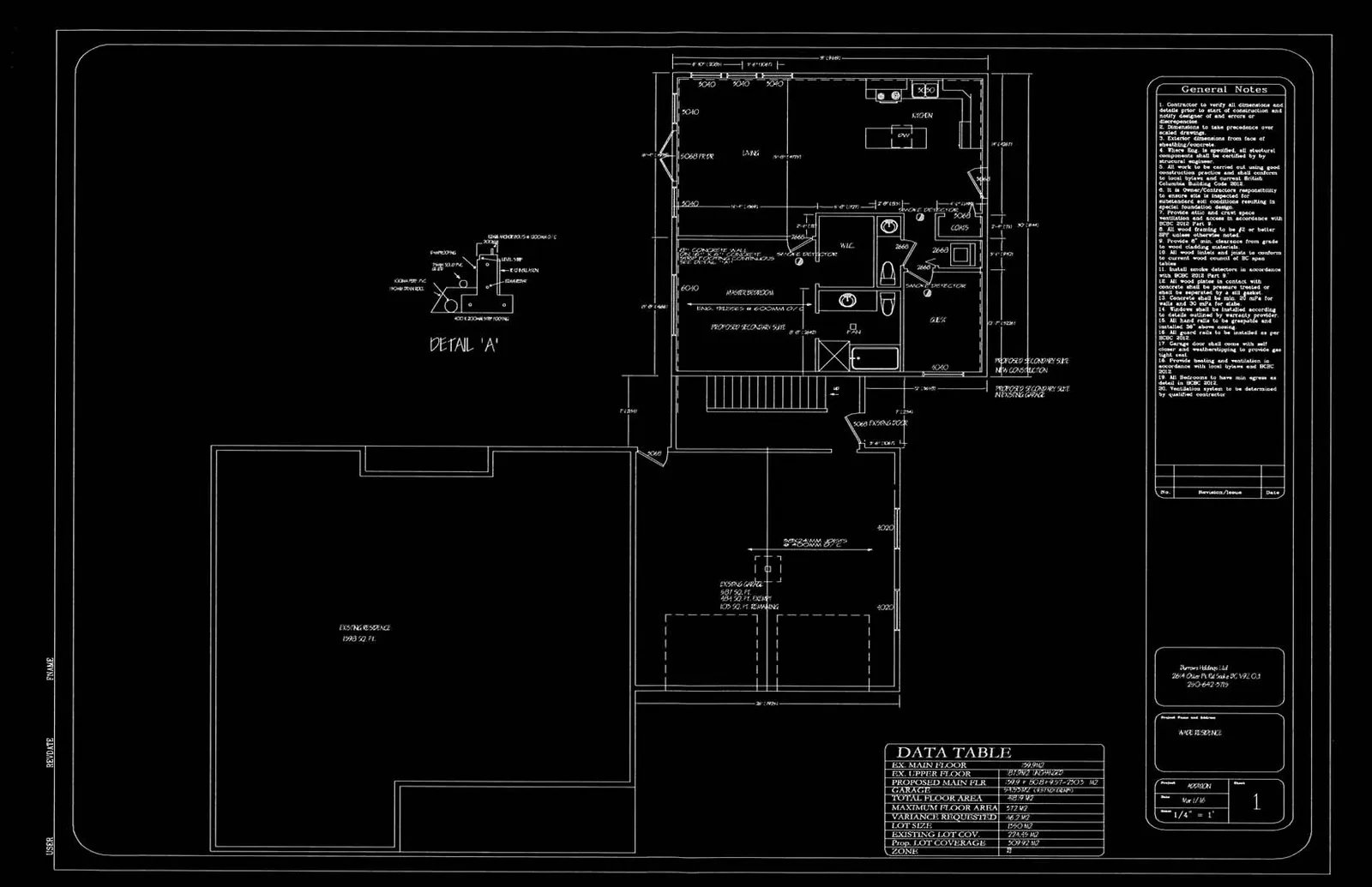 Architectural drawing showing a floor plan for a "Proposed Secondary Suite" addition to an existing residence. The drawing includes a "Detail 'A'" structural diagram, a detailed floor plan, an outline of the existing residence and garage, a "General Notes" list, and a "Data Table" with project statistics.