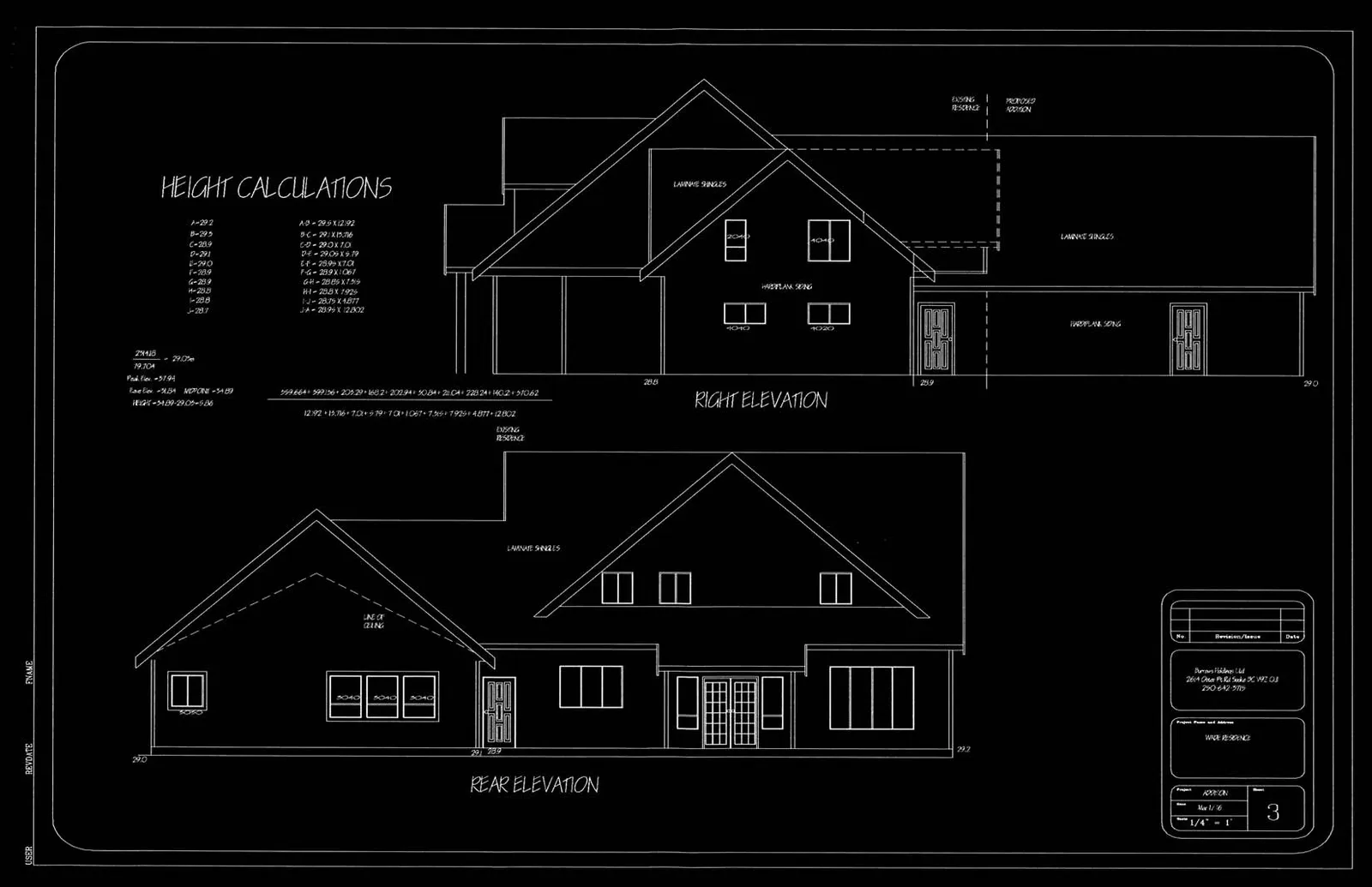 Architectural drawing showing the Right Elevation and Rear Elevation for the Ware Residence, including existing structures and a proposed addition, detailed with height calculations.