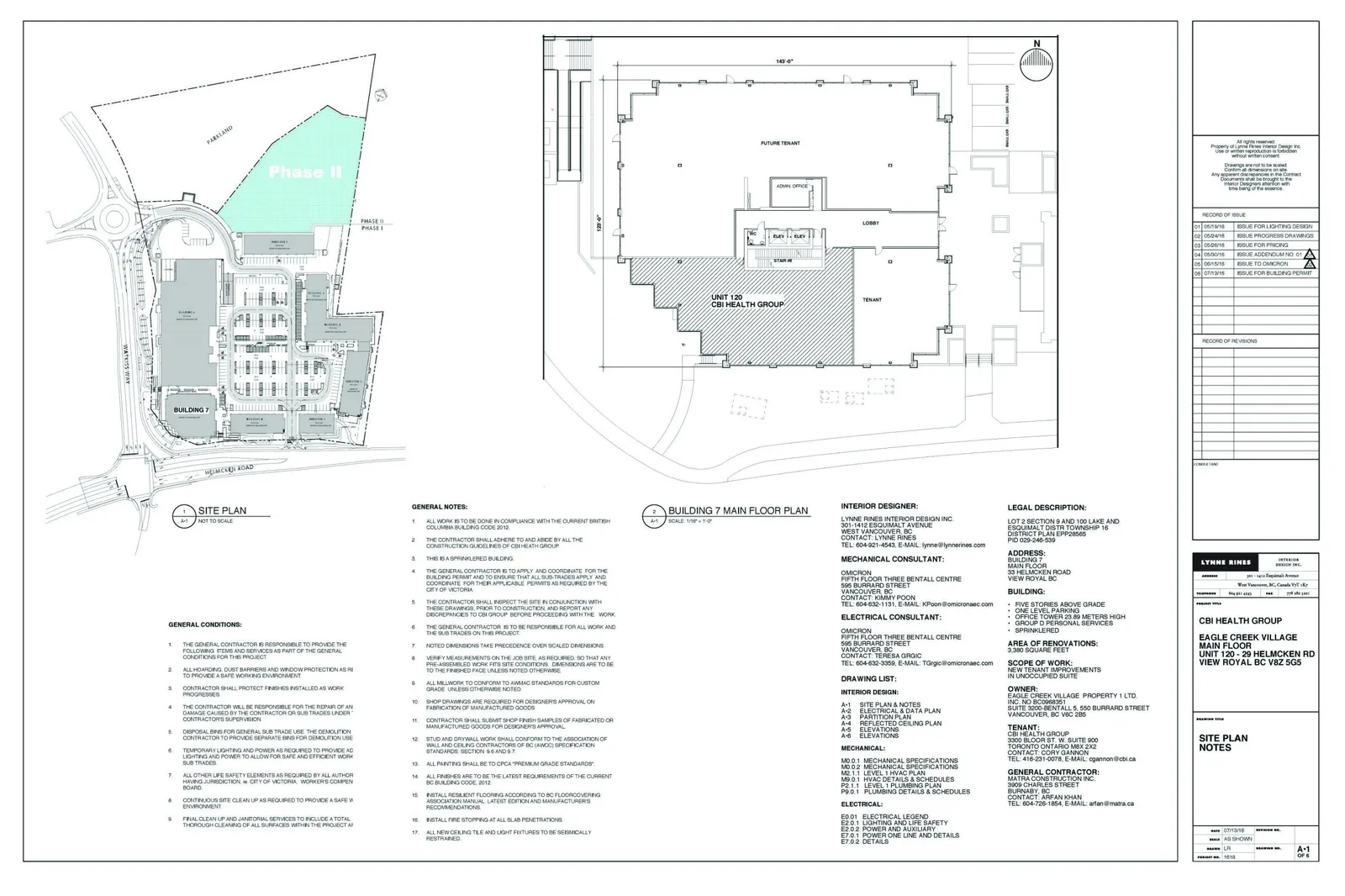 Site Plan and Building 7 Main Floor Plan for CBI Health Group project, showing Unit 120 with annotations for an "Existing sign" and a "Proposed additional sign".