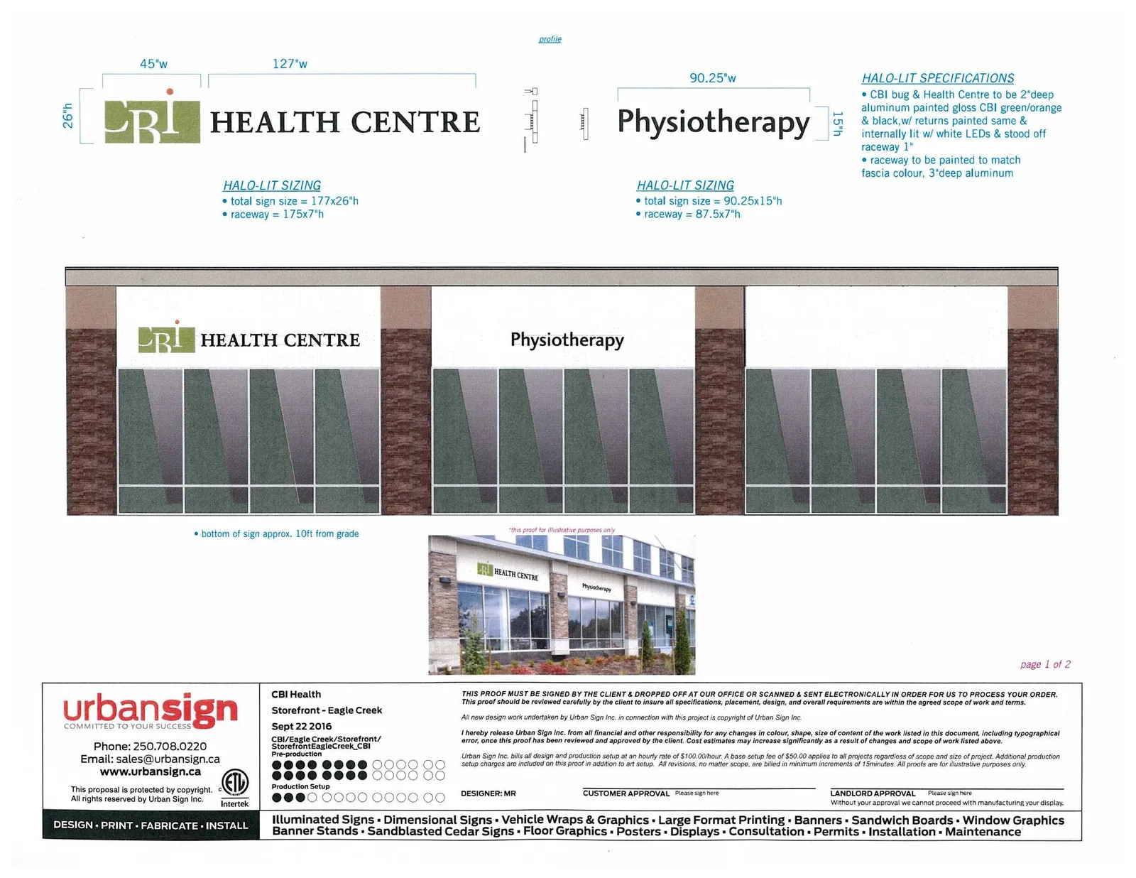 Technical diagram and profile view of halo-lit channel letters and logos with dimensions for "CBI HEALTH CENTRE" and "Physiotherapy" signs.