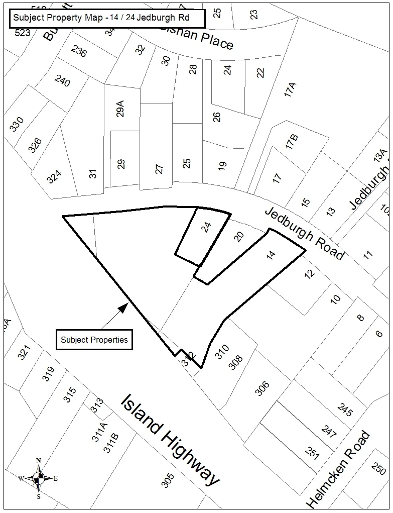 Subject Property Map - 14 / 24 Jedburgh Rd showing the subject properties at 14 and 24 Jedburgh Road and the surrounding area including Island Highway and Helmcken Road