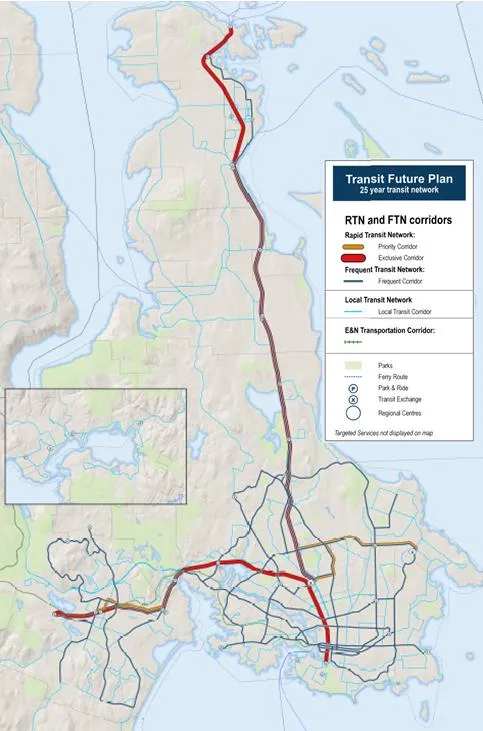 Map of the Transit Future Plan 25 year transit network showing RTN and FTN corridors