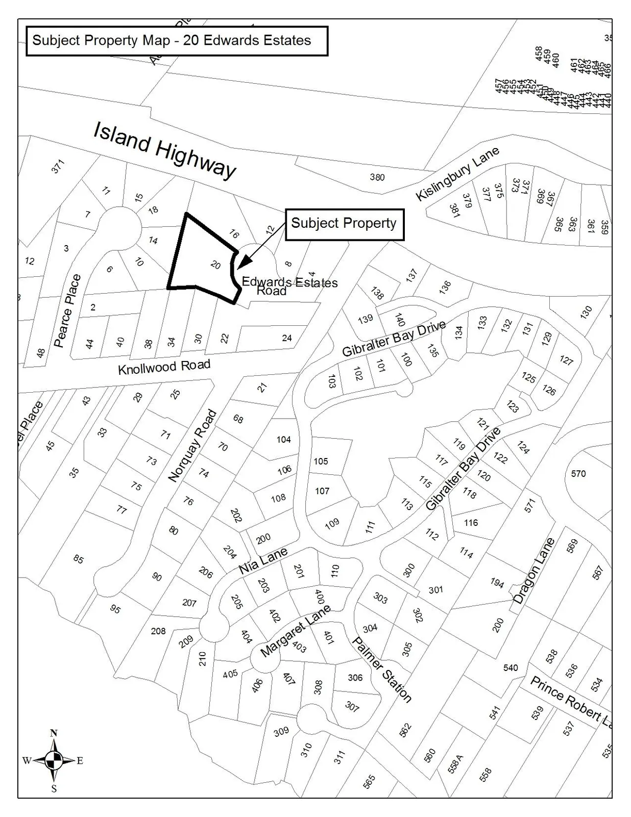 Subject property map for 20 Edwards Estates, showing the subject property lot (20) outlined and labeled, situated in a residential subdivision with surrounding streets including Island Highway, Edwards Estates Road, Pearce Place, Knollwood Road, Norquay Road, and Gibraltar Bay Drive.