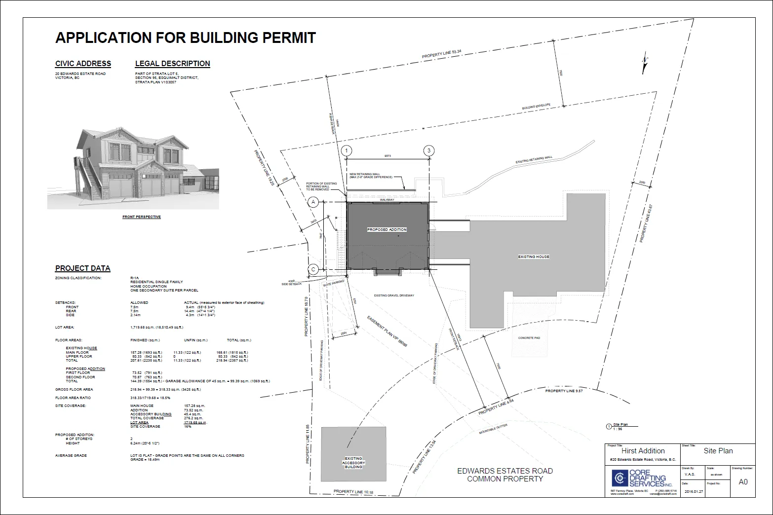 3D perspective rendering titled "FRONT PERSPECTIVE" showing the proposed addition and existing house