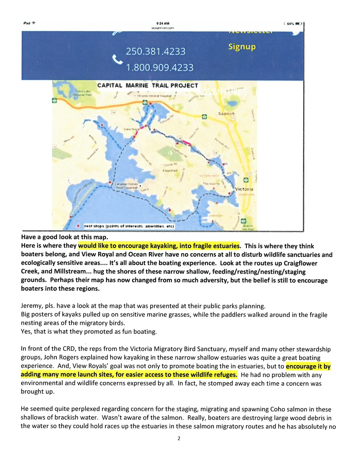 A screenshot from a website (oceanriver.com) showing the "CAPITAL MARINE TRAIL PROJECT" map with various marine routes and points of interest around Victoria and View Royal, along with contact numbers 250.381.4233 and 1.800.909.4233.