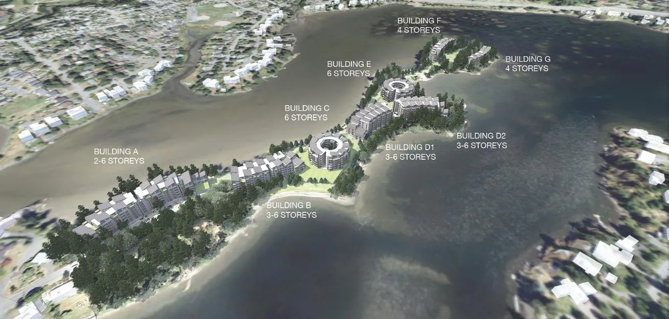 Aerial rendering of proposed development showing Building A through G with storey counts