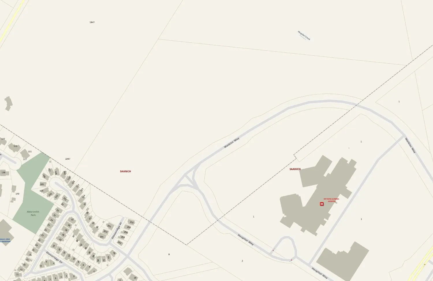 Map layer showing property parcel boundaries and municipal labels for Saanich