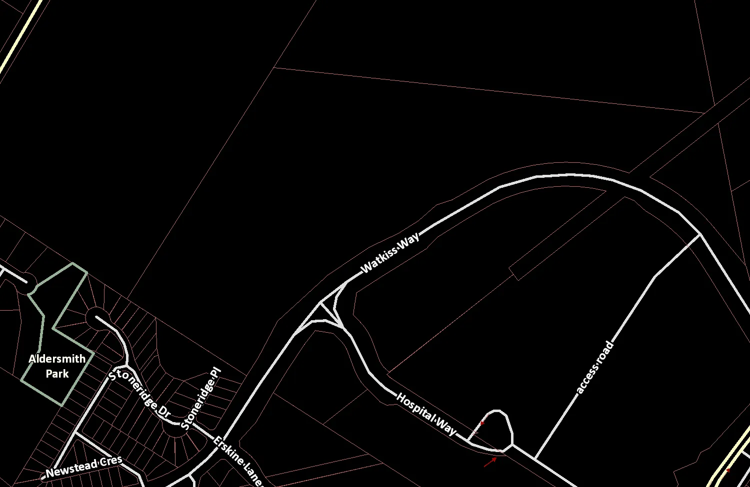Map overlay with street names, park labels, and red boundary lines for Watkiss Way Park