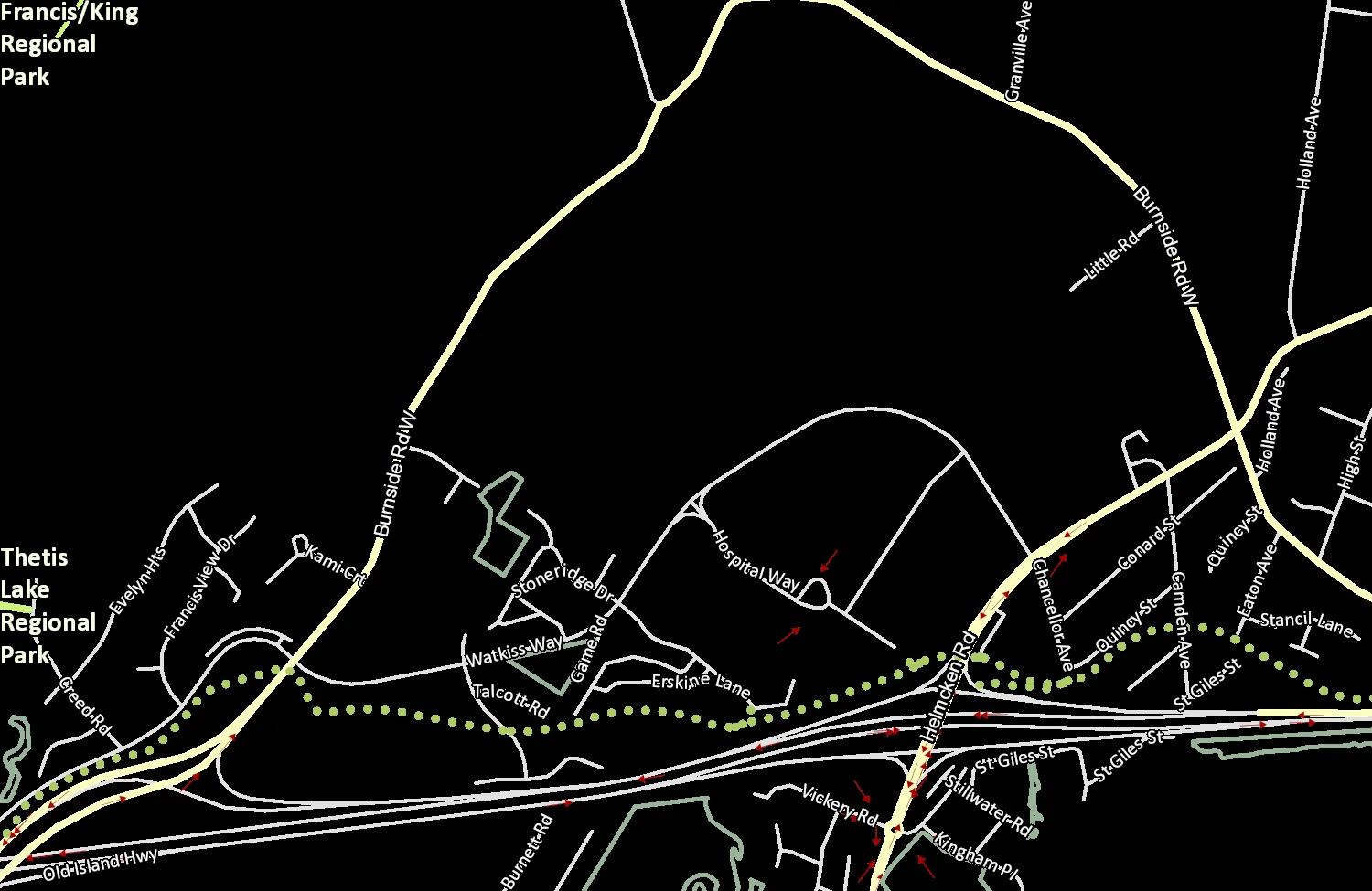 Wide-area satellite imagery showing the park in the context of regional golf courses and other parks