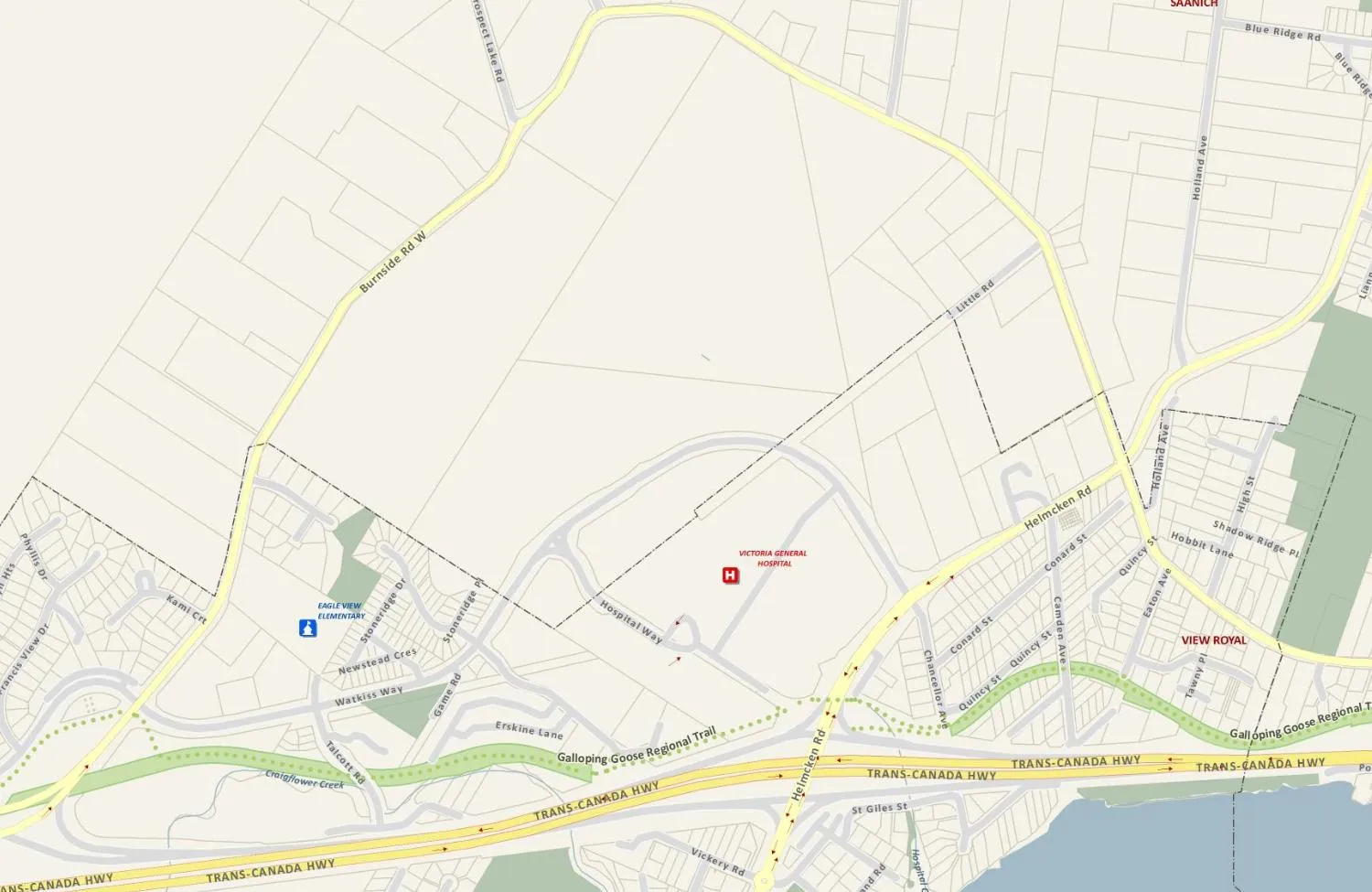 Map overlay with regional road names and major park labels