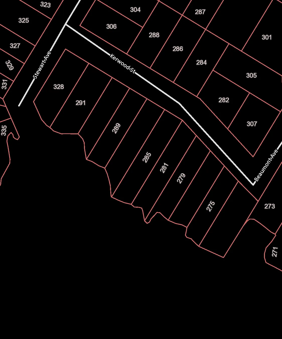 Parcel boundary map for Kerwood Street and surrounding area