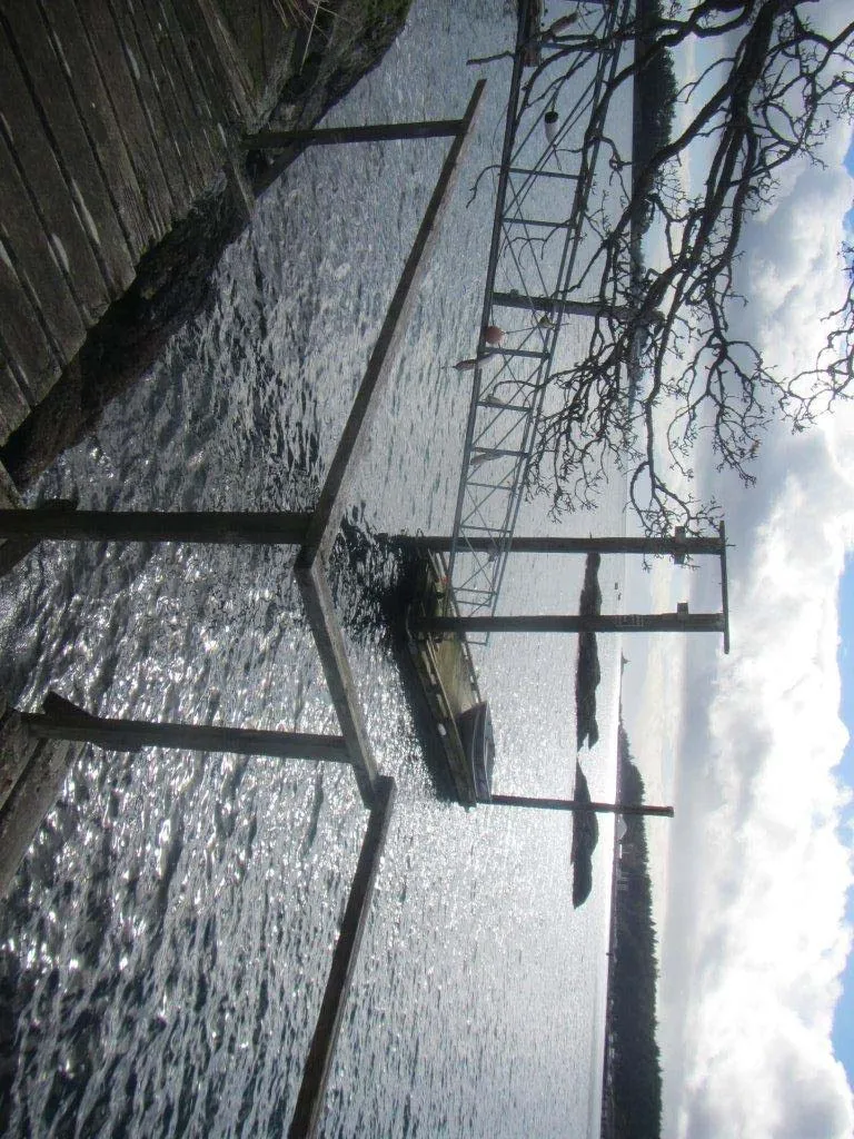 View of existing dock structure and metal walkway ramp from the shoreline