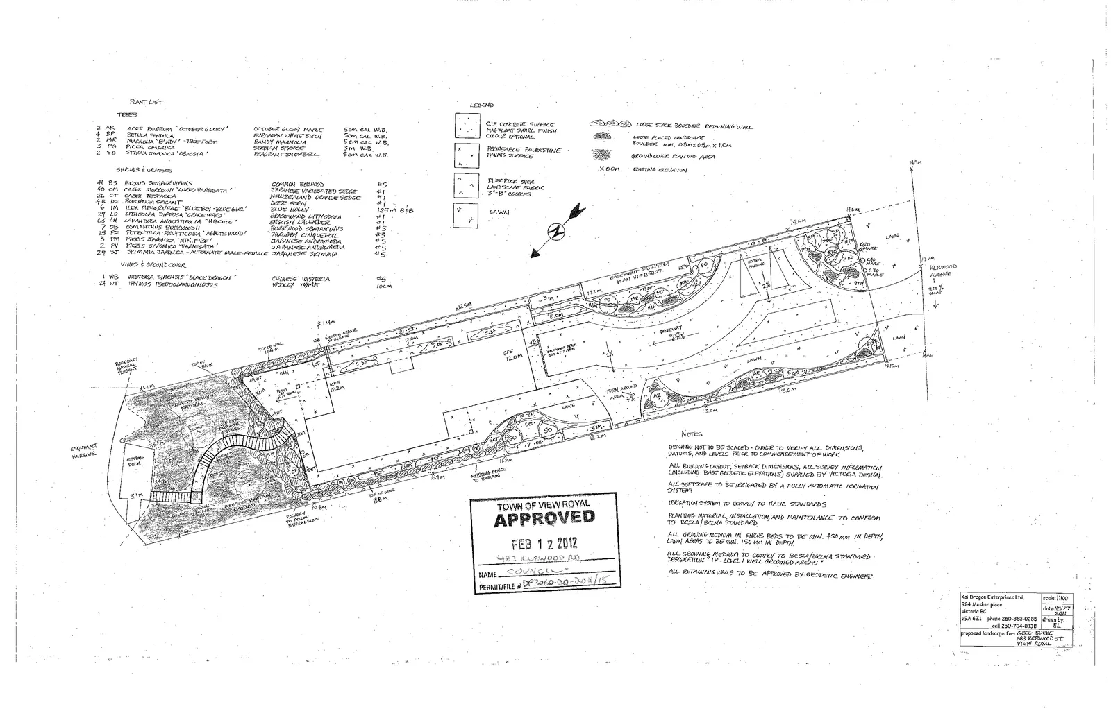 Approved Landscape Plan for 283 Kerwood St, stamped by the Town of View Royal on February 12, 2012