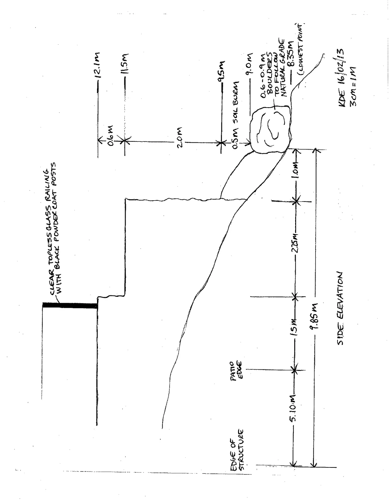 Side elevation technical drawing of the proposed patio and rock wall structure showing dimensions and geodetic heights