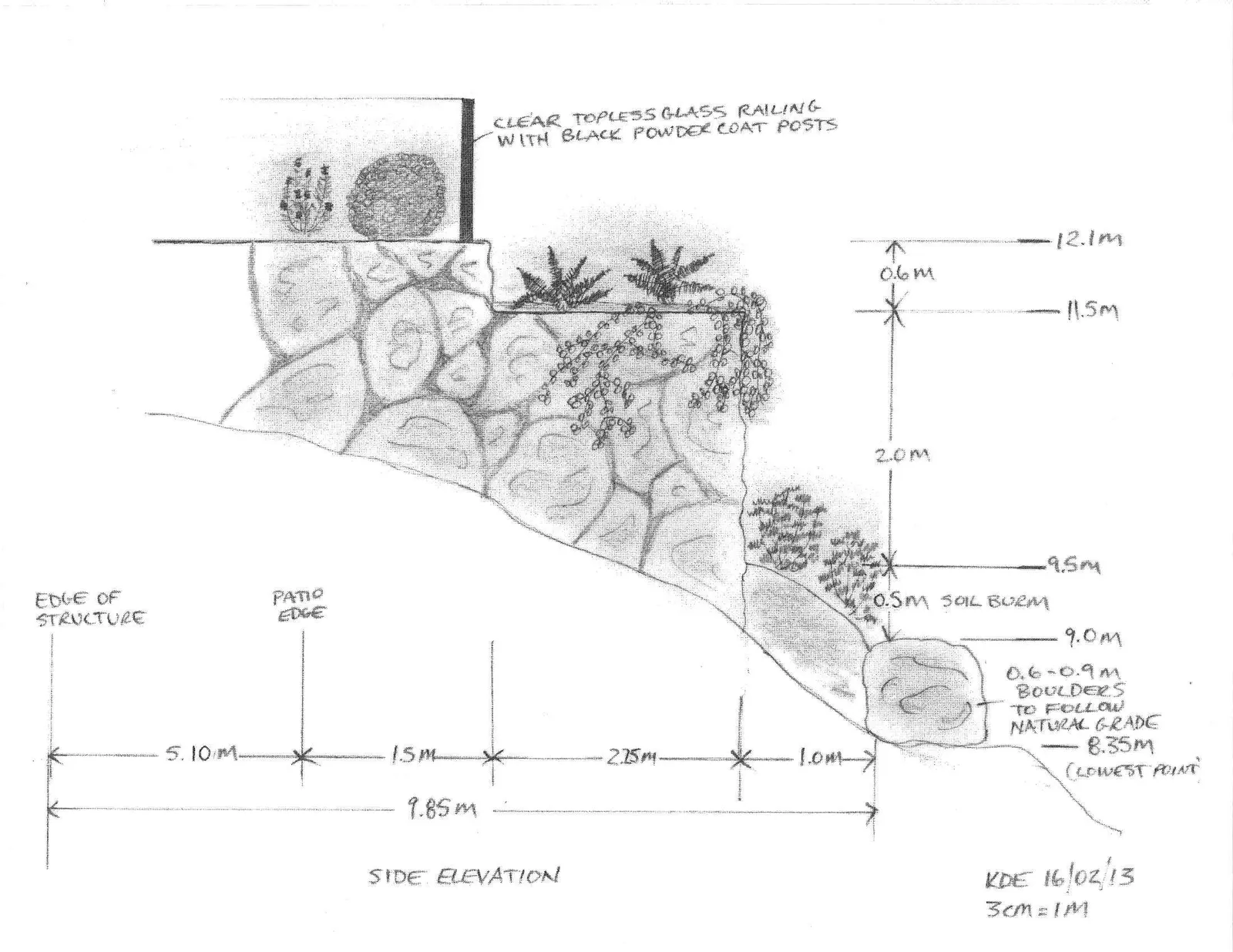 Rendered side elevation sketch of the patio and terraced rock wall including proposed plantings