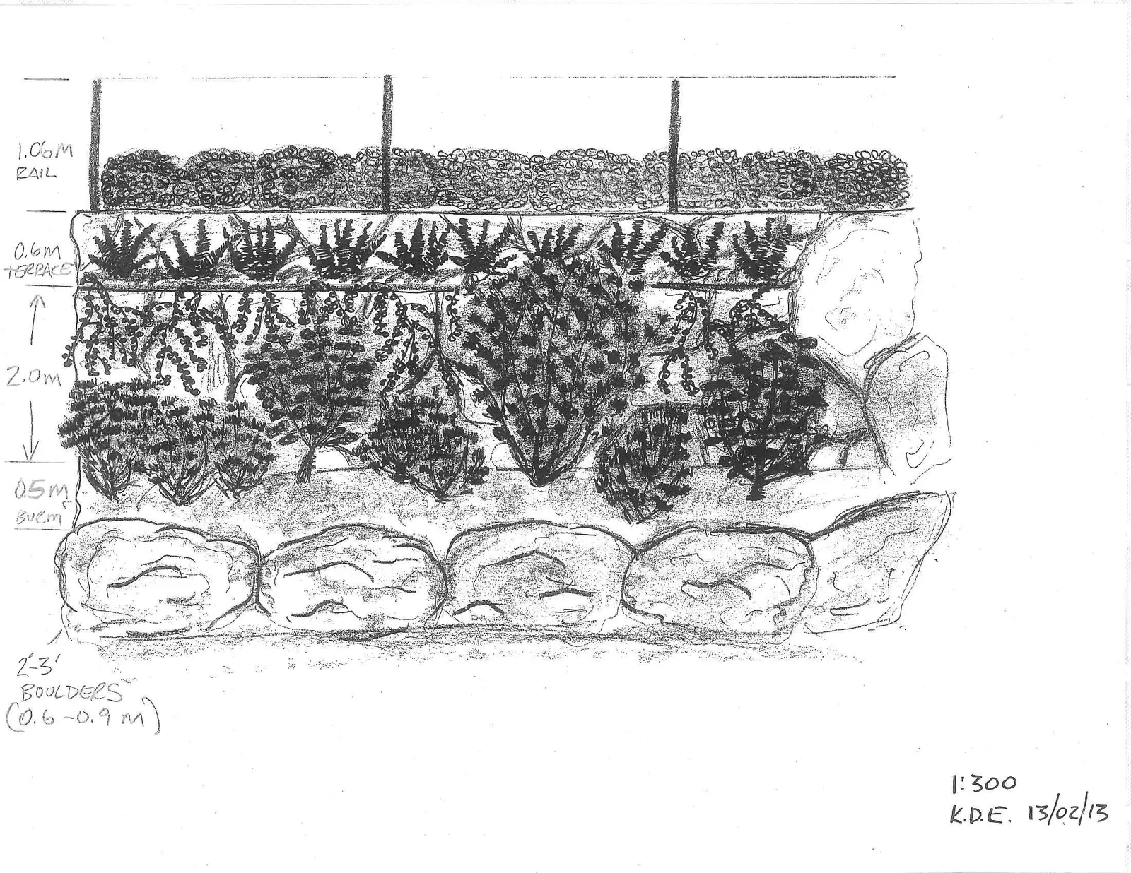 Frontal view rendering of the terraced rock wall, showcasing the arrangement of boulders and landscape plantings beneath the glass railing