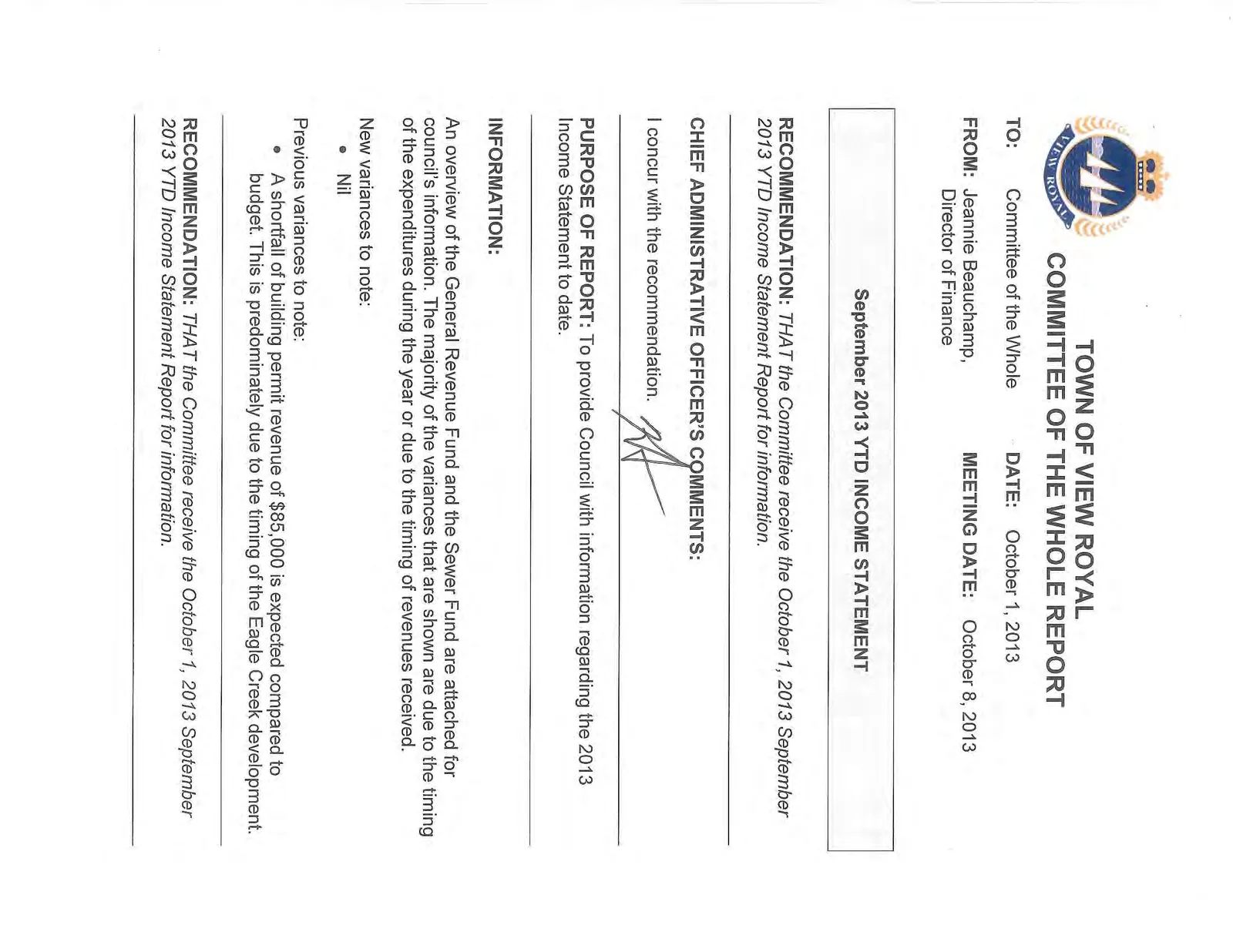 Cover page of the Committee of the Whole Report regarding the September 2013 YTD Income Statement