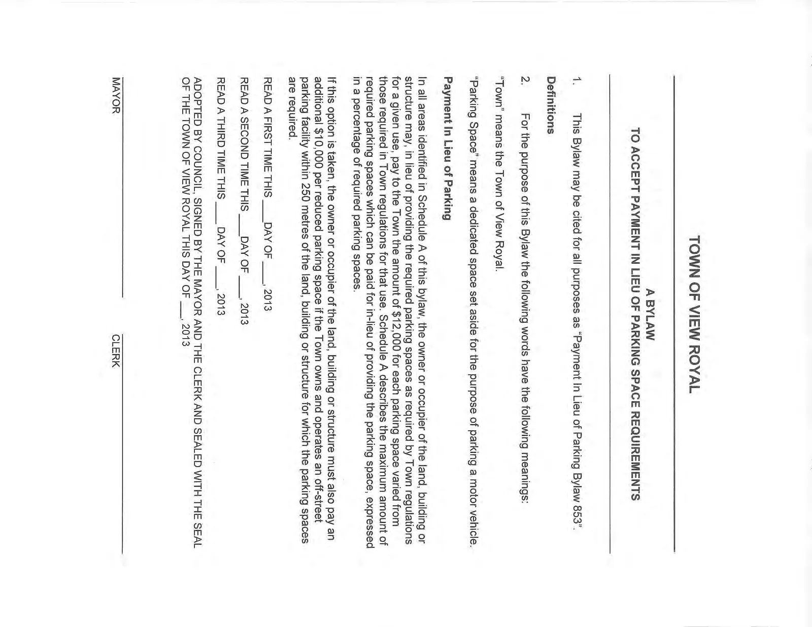 Page 1 of Payment In Lieu of Parking Bylaw 853