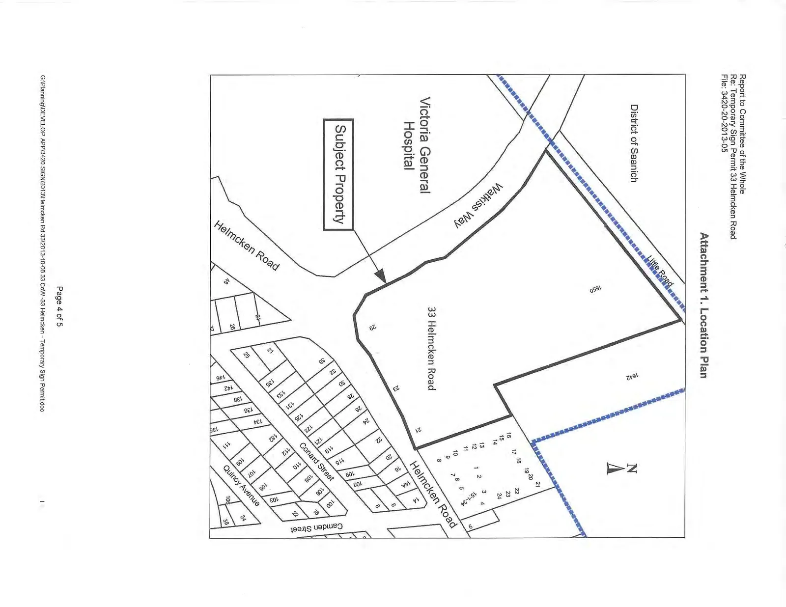Location plan map showing the Subject Property at 33 Helmcken Road, situated at the intersection of Watkiss Way and Helmcken Road, adjacent to Victoria General Hospital and the District of Saanich.