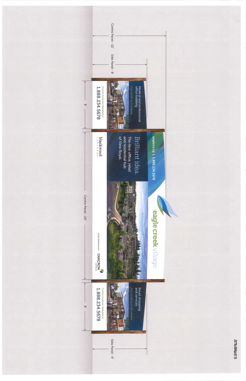 Detailed graphic rendering of the proposed "Eagle Creek Village" temporary sign including promotional text and dimensions.
