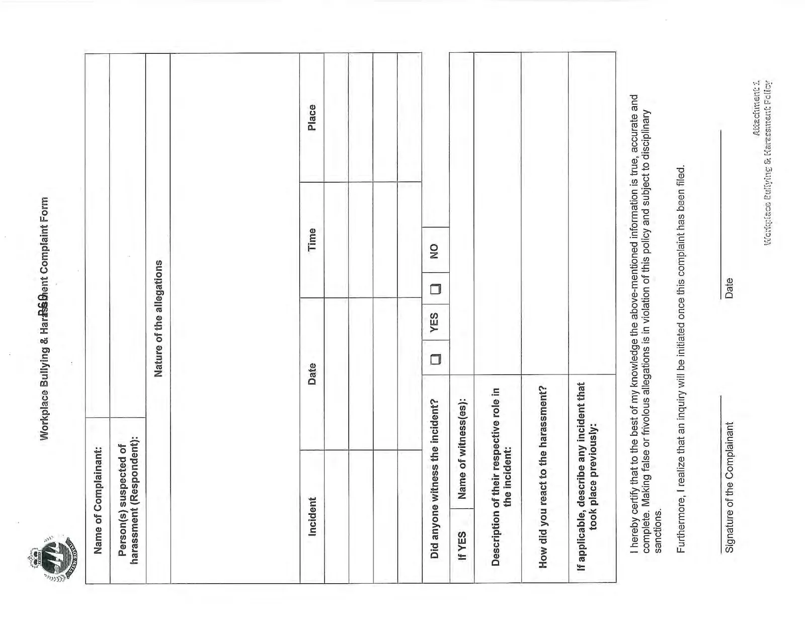 Workplace Bullying & Harassment Complaint Form