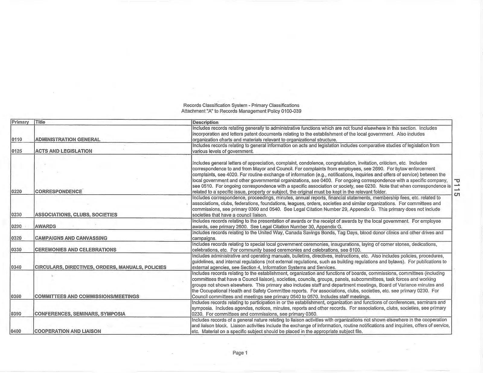 Records Classification System - Primary Classifications Page 1