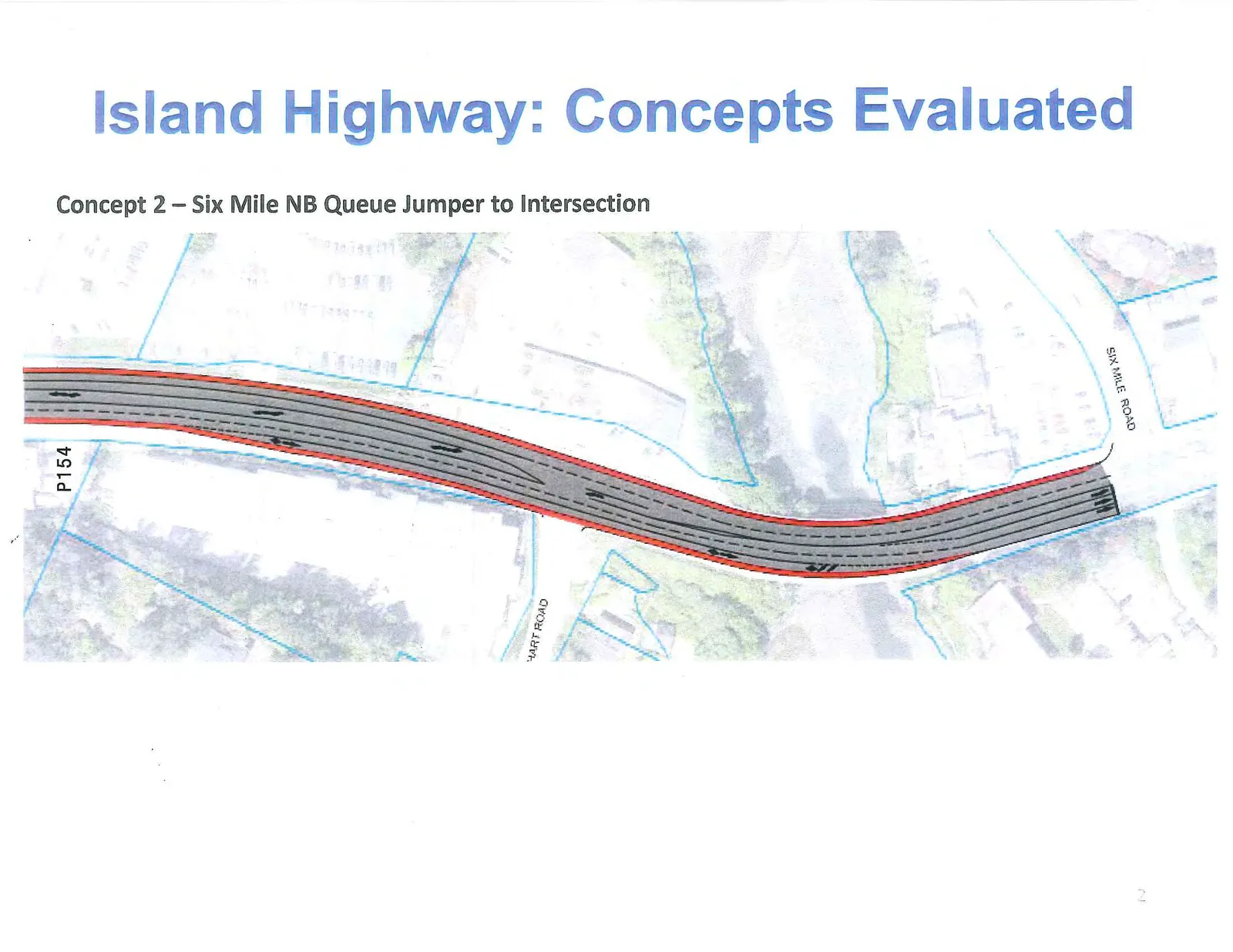Map diagram of Concept 2 design for Island Highway, showing road lane configurations between Hart Road and Six Mile Road, labeled P154