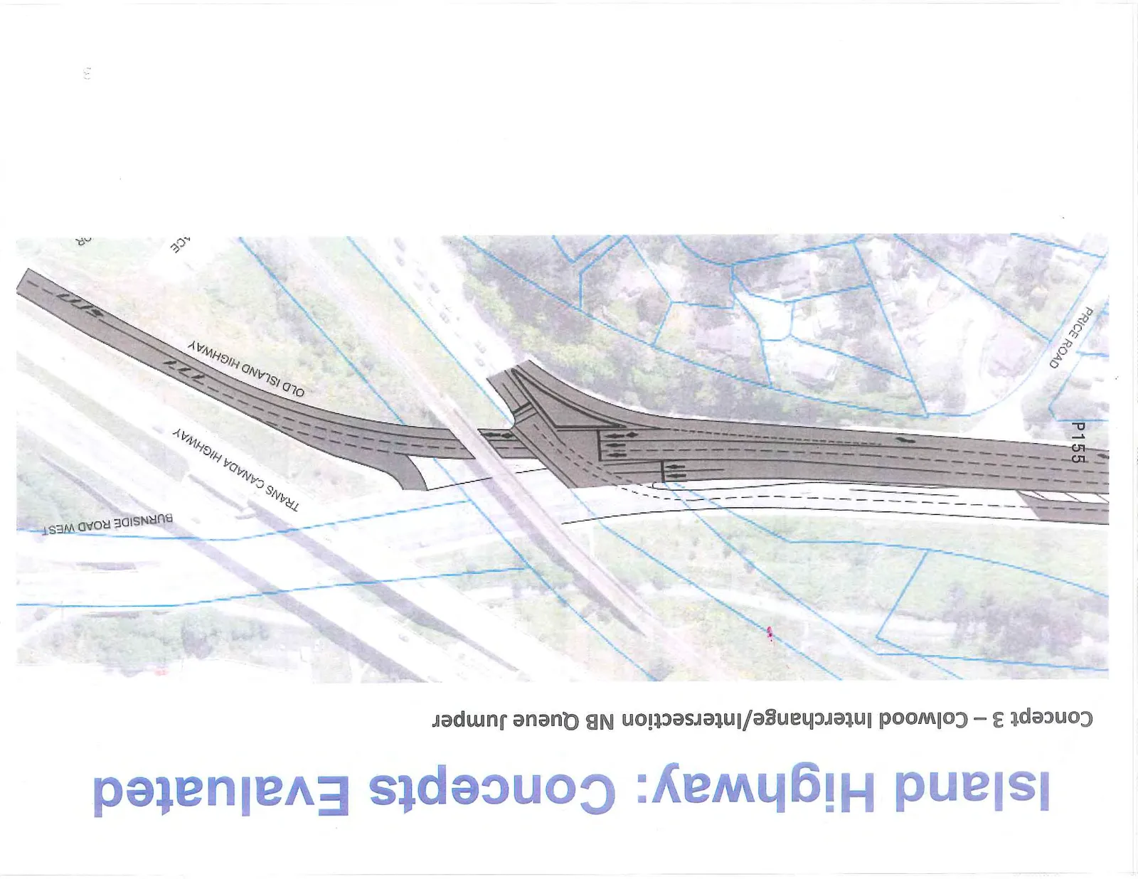 Map diagram of Concept 3 design showing modifications to the Colwood Interchange involving Old Island Highway, Trans Canada Highway, and Burnside Road West, labeled P155