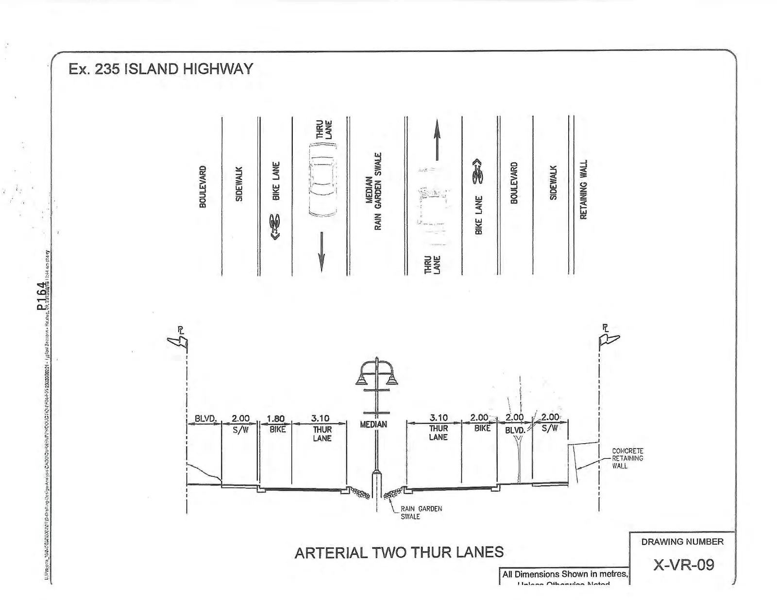 Engineering cross-section diagram for Ex. 235 Island Highway, titled "ARTERIAL TWO THUR LANES" with Drawing Number X-VR-09.