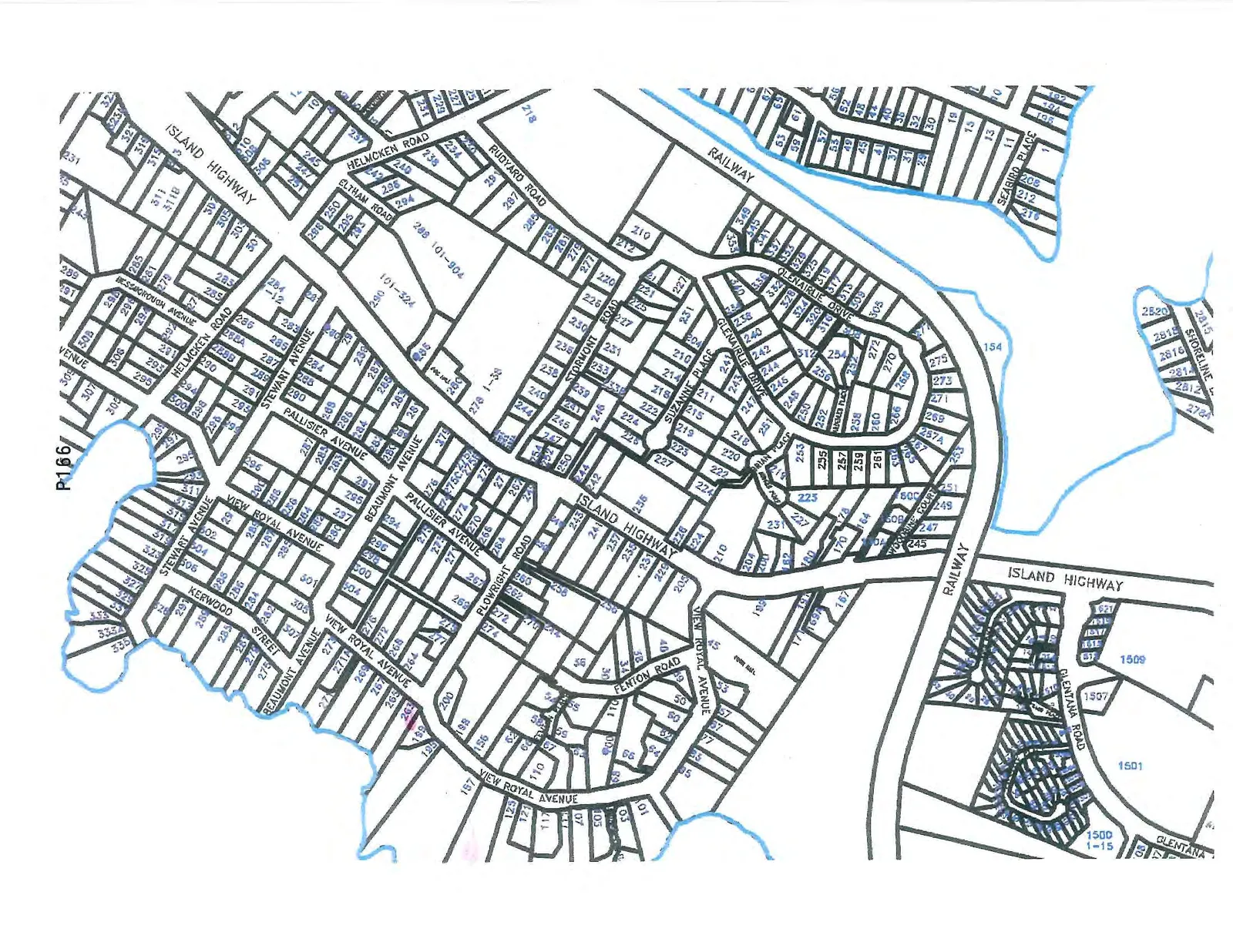 Property map of the Island Highway area with several lots highlighted.