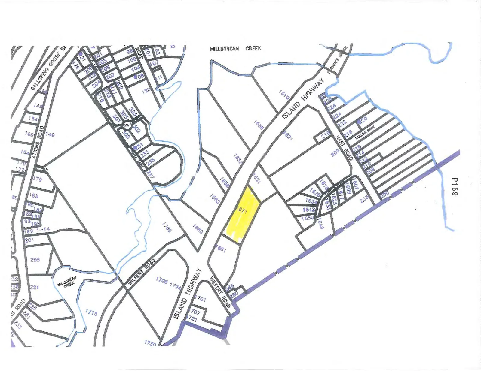Property map for the Island Highway and Hart Road area with lot 671 highlighted.