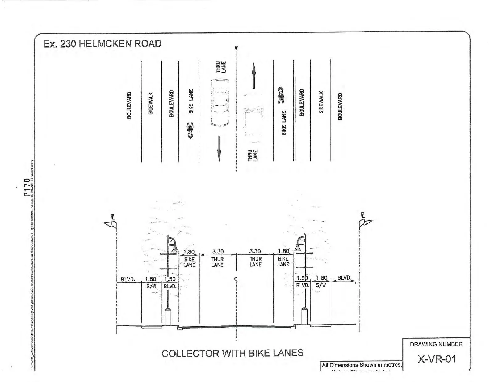 Engineering cross-section diagram for Ex. 230 Helmcken Road, titled "COLLECTOR WITH BIKE LANES" with Drawing Number X-VR-01.