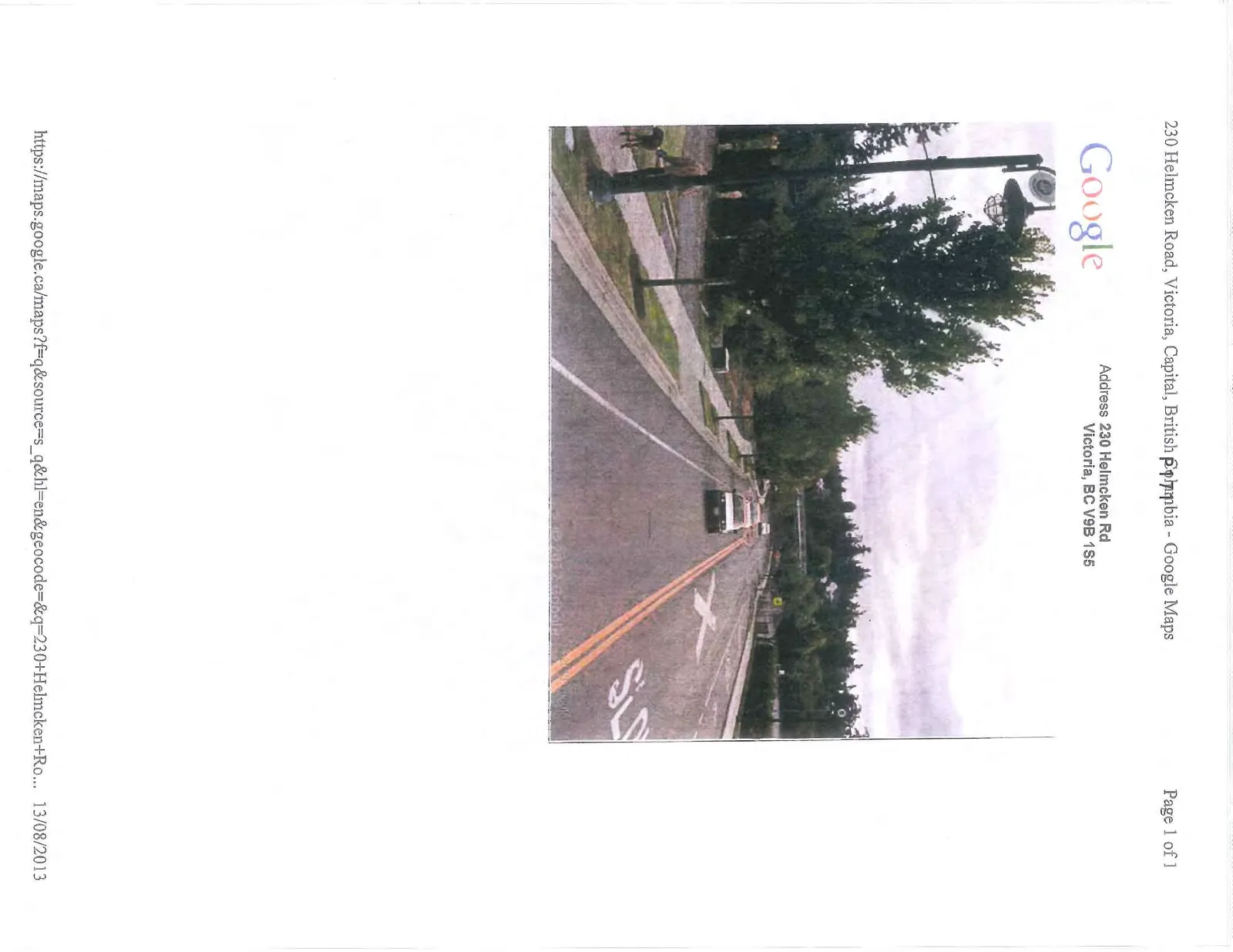 Google Maps street view photo of 230 Helmcken Road showing a two-lane road with sidewalks and double yellow lines, dated 13/08/2013.