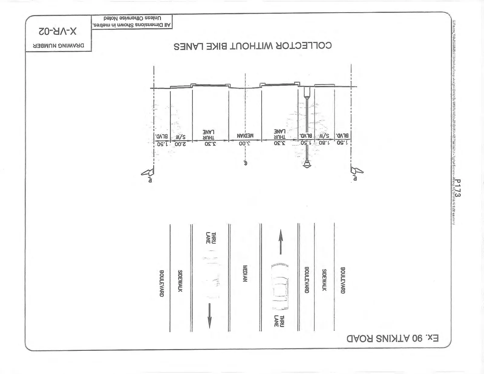 Engineering cross-section diagram for Ex. 90 Atkins Road, titled "COLLECTOR WITHOUT BIKE LANES" with Drawing Number X-VR-02.
