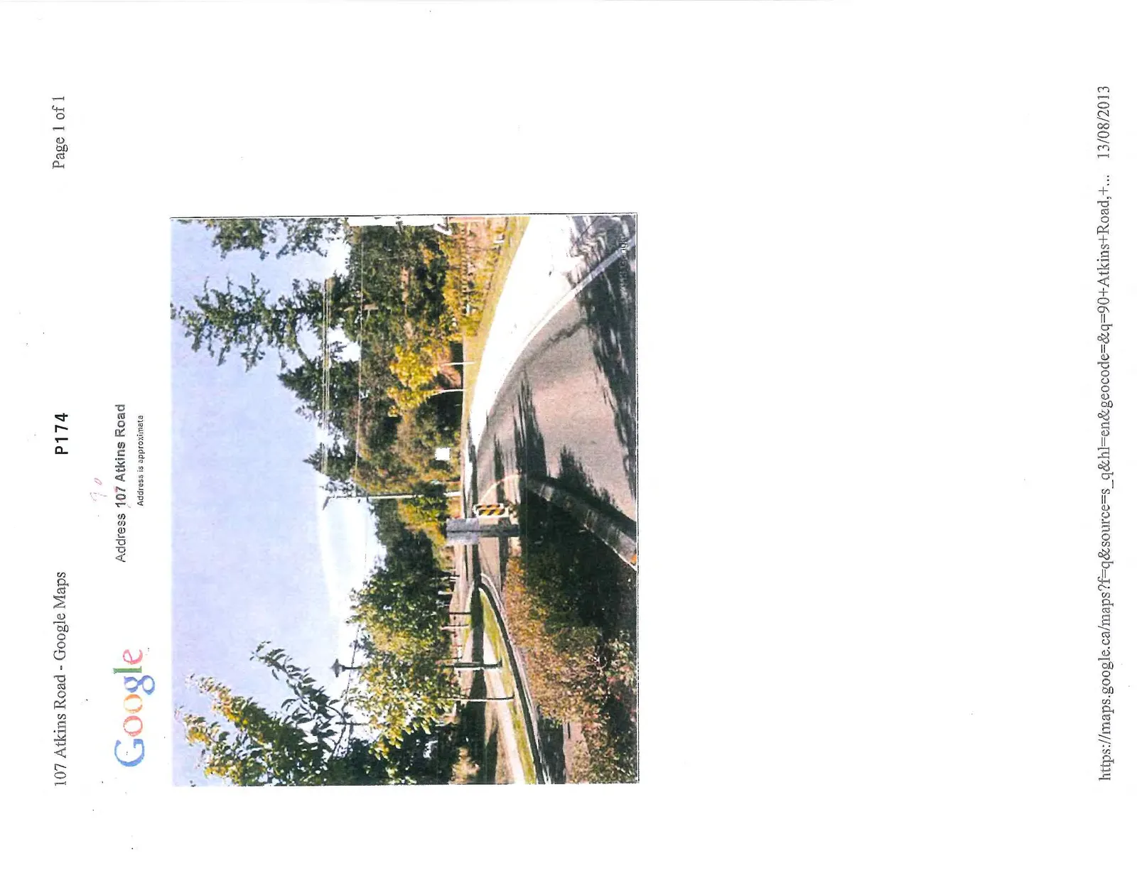 Google Maps street view photo of Atkins Road (Address 107/90) showing a road with a separate sidewalk and landscaping, dated 13/08/2013.