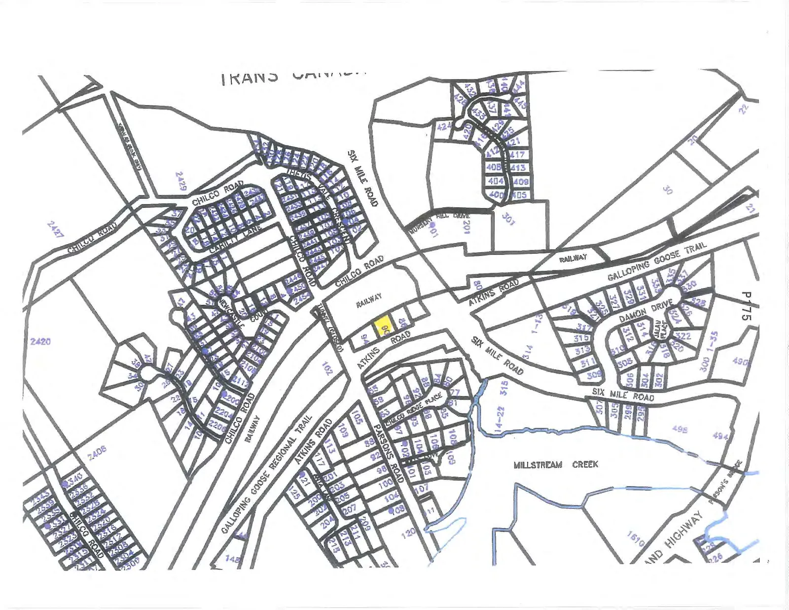 Property map for the Atkins Road and Six Mile Road area with lot 90 highlighted.