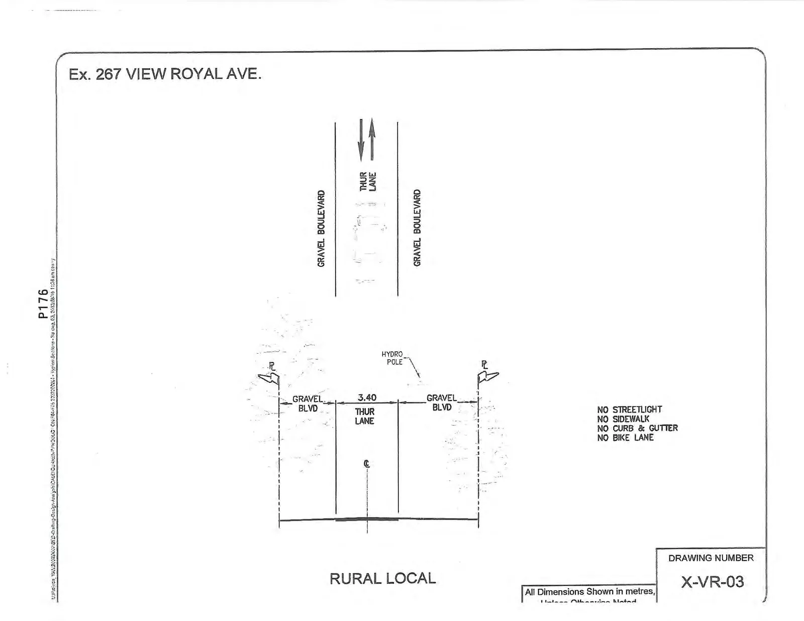 Engineering cross-section diagram for Ex. 267 View Royal Ave., titled "RURAL LOCAL" with Drawing Number X-VR-03.