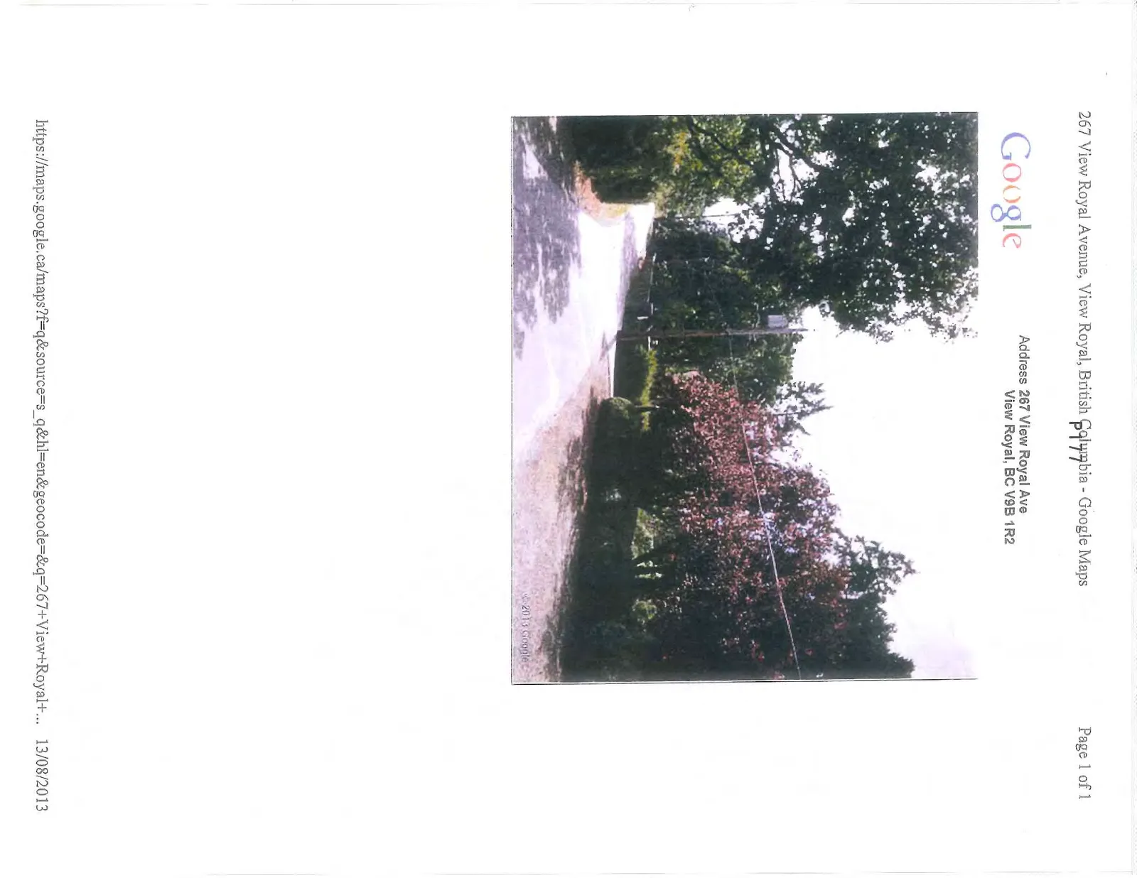 Google Maps street view photo of 267 View Royal Ave. showing a narrow rural-style paved road with no sidewalks, dated 13/08/2013.