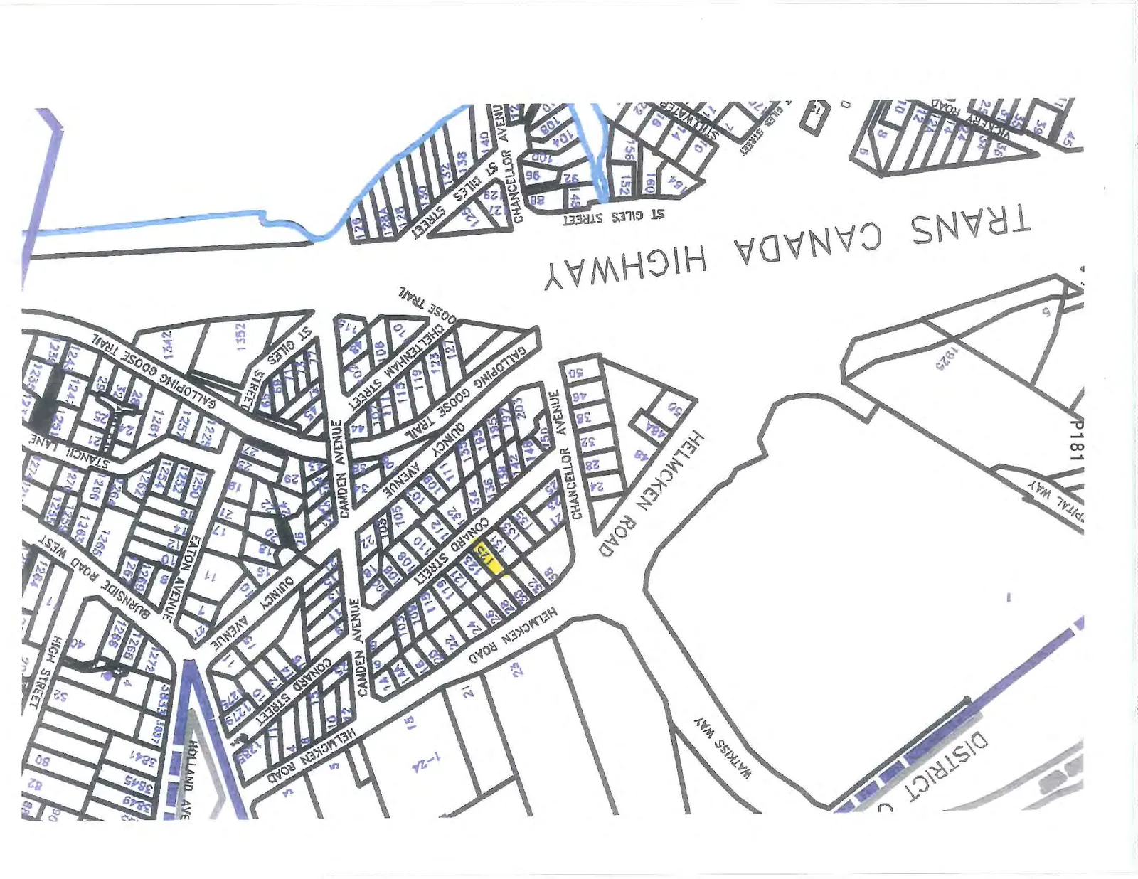Property map of the Conard Street and Helmcken Road area with lot 125 highlighted.