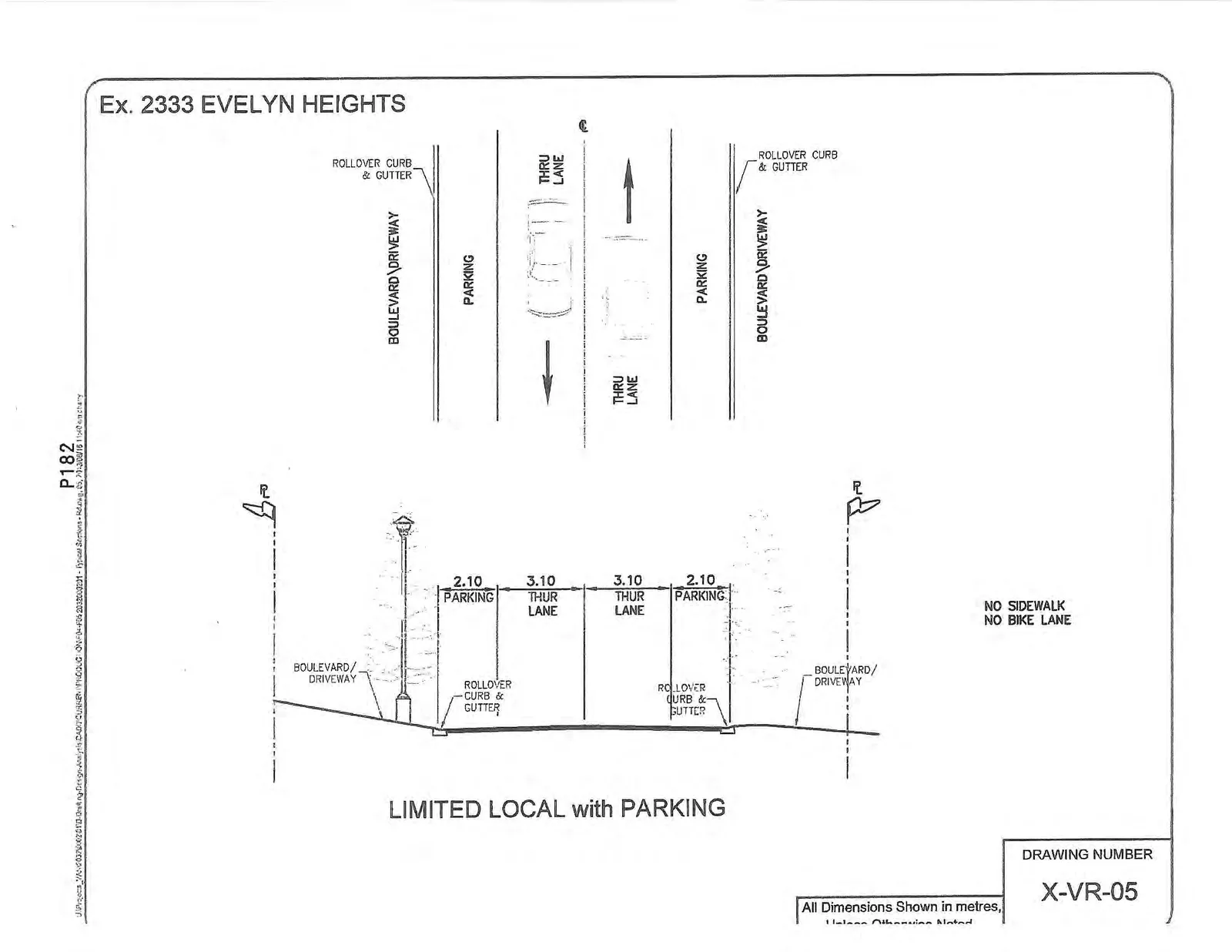 Engineering cross-section diagram for Ex. 2333 Evelyn Heights, titled "LIMITED LOCAL with PARKING" with Drawing Number X-VR-05.