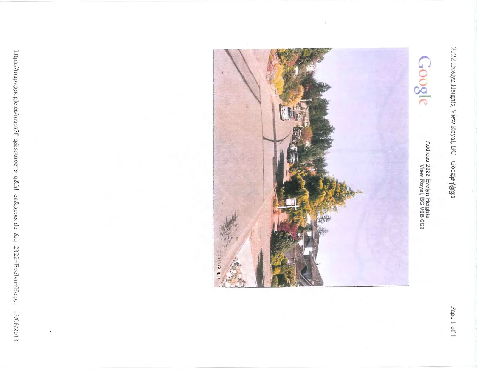 Google Maps street view photo of 2322 Evelyn Heights showing a residential cul-de-sac, dated 13/08/2013.