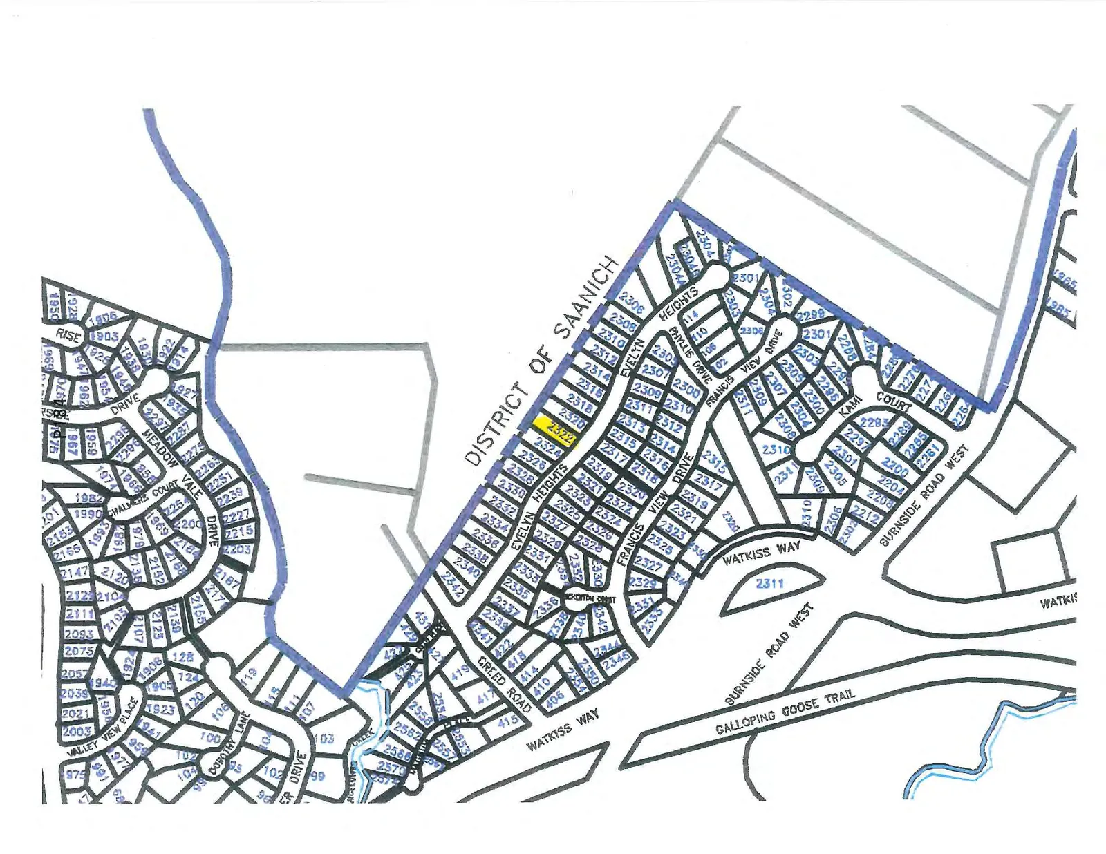 Property map of the Evelyn Heights area in the District of Saanich with lot 2322 highlighted.
