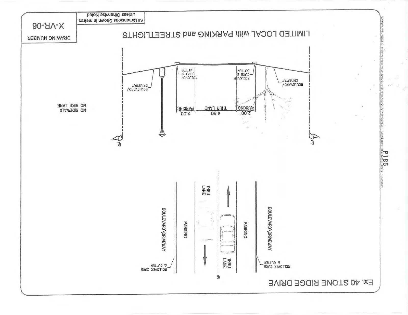 Engineering cross-section diagram for Ex. 40 Stone Ridge Drive, titled "LIMITED LOCAL with PARKING and STREETLIGHTS" with Drawing Number X-VR-06.