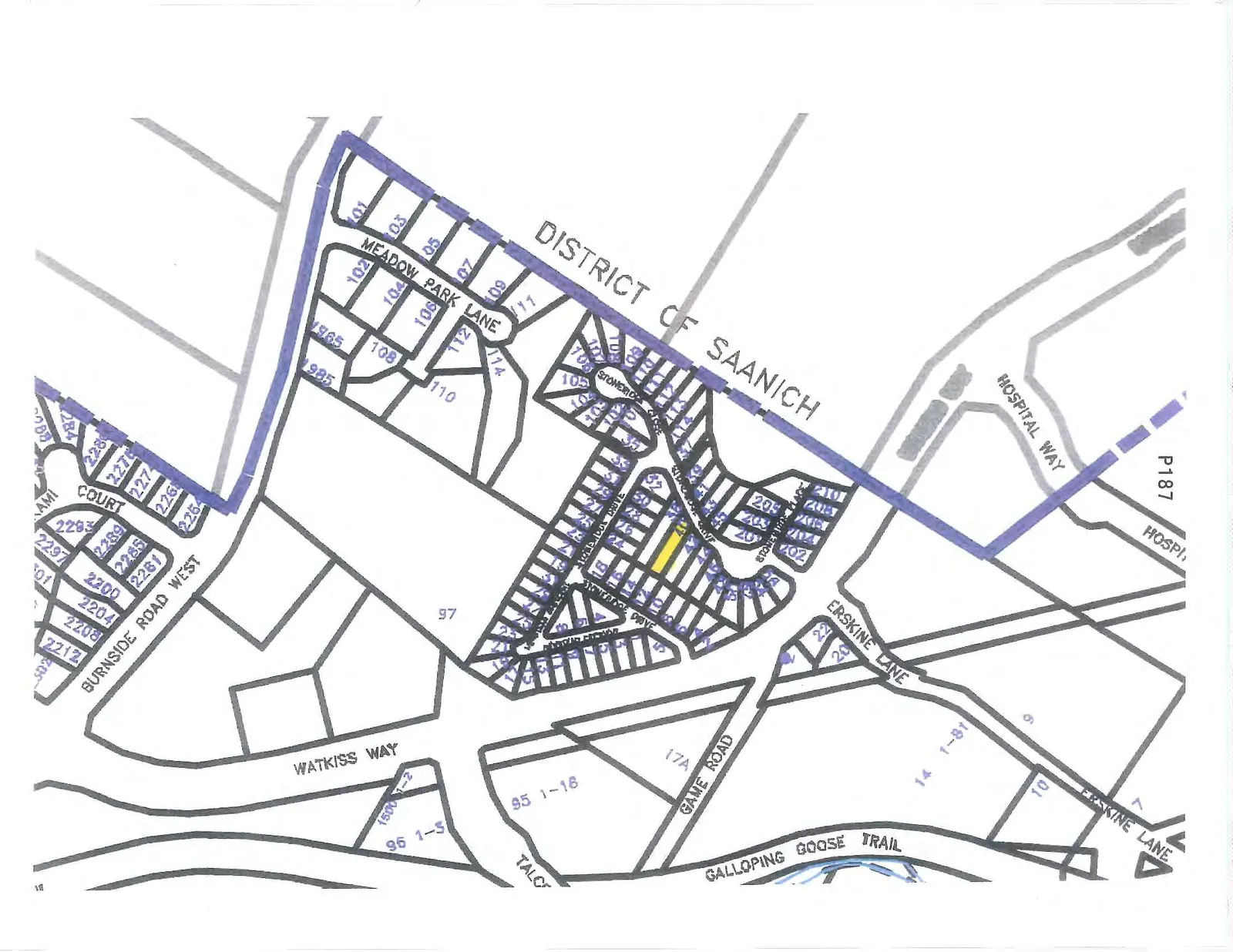 Property map of the Stoneridge Drive area in the District of Saanich with lot 44 highlighted.