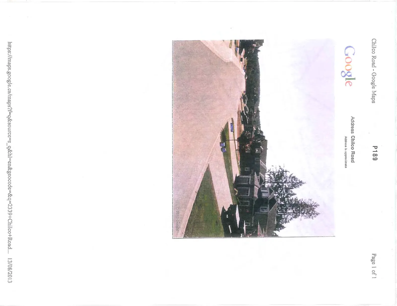 Google Maps street view photo of Chilco Road showing a residential street with wide paving and sidewalk on one side, dated 13/08/2013.