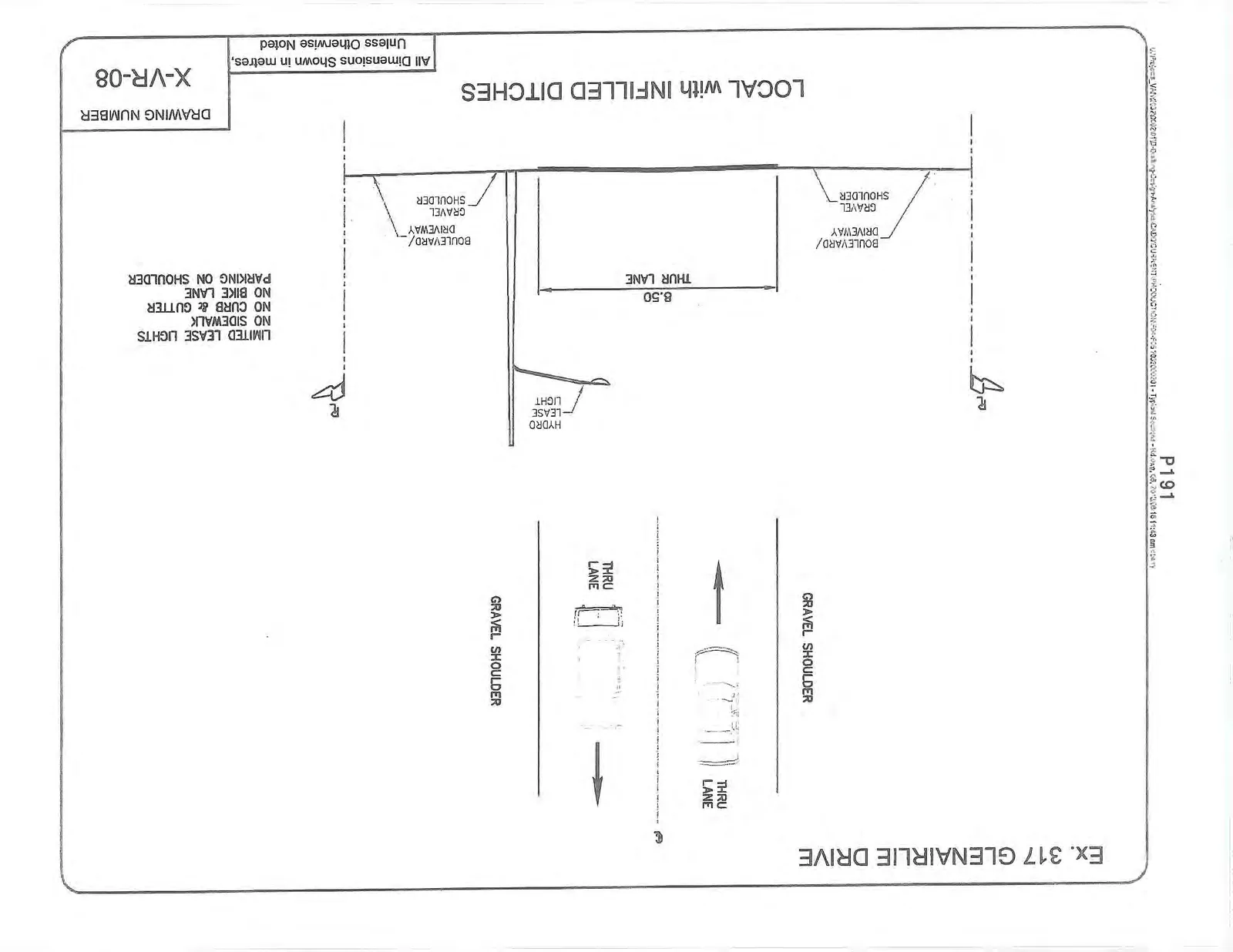Engineering cross-section diagram for Ex. 317 Glenairlie Drive, titled "LOCAL with INFILLED DITCHES" with Drawing Number X-VR-08.